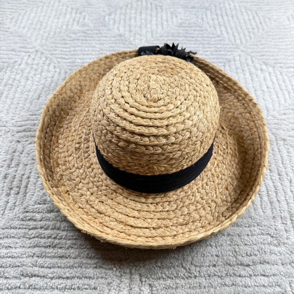 Betmar Street Smart Straw Sun Hat Women's Tan Black Ribbon Floral Summer Beach
